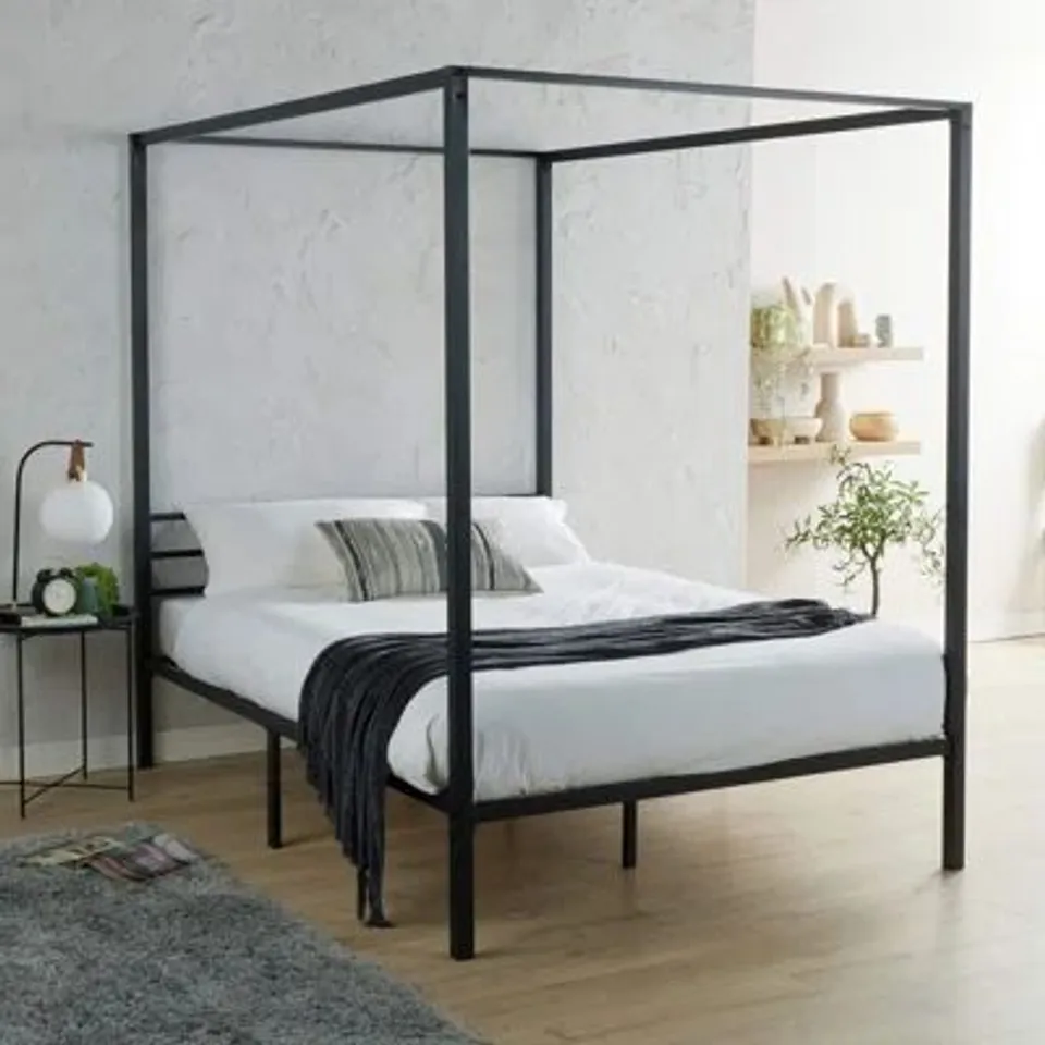 BOXED VOLARE 4'6" METAL INDUSTRIAL FOUR-POSTER BED