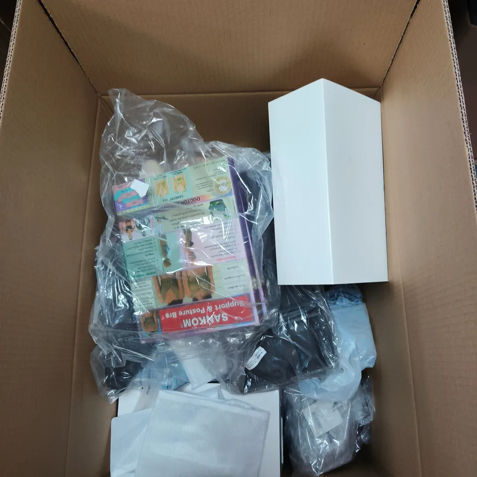 BOX OF APPROXIMATELY 20 ASSORTED ITEMS INCLUDING AIR FRESHENER, WINE GLASS IN BOX, LARGE GREY TROUSERS, SUPPORT AND POSTURE BRA