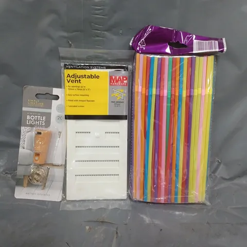 APPROXIMATELY 10 ASSORTED HOUSEHOLD ITEMS TO INCLUDE PLASTIC DRINKING STRAWS, ADJUSTABLE VENT, BOTTLE LIGHTS, ETC