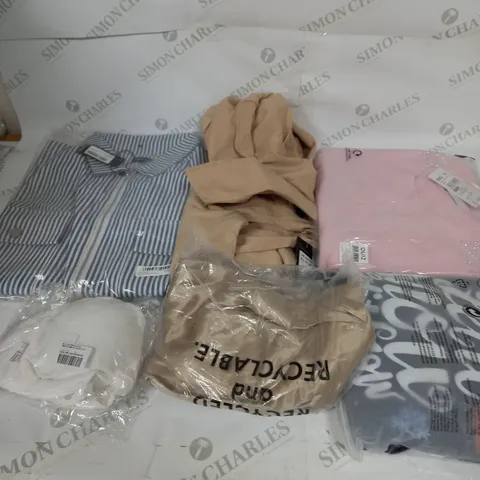 LARGE BOX OF ASSORTED CLOTHING ITEMS IN VARIOUS COLOURS AND SIZES INCLUDING TROUSERS , TOPS AND JUMPERS