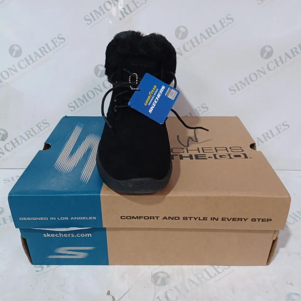 BOXED SKECHERS GO WALK STABILITY SUEDE BOOTS, BLACK - SIZE 5.5