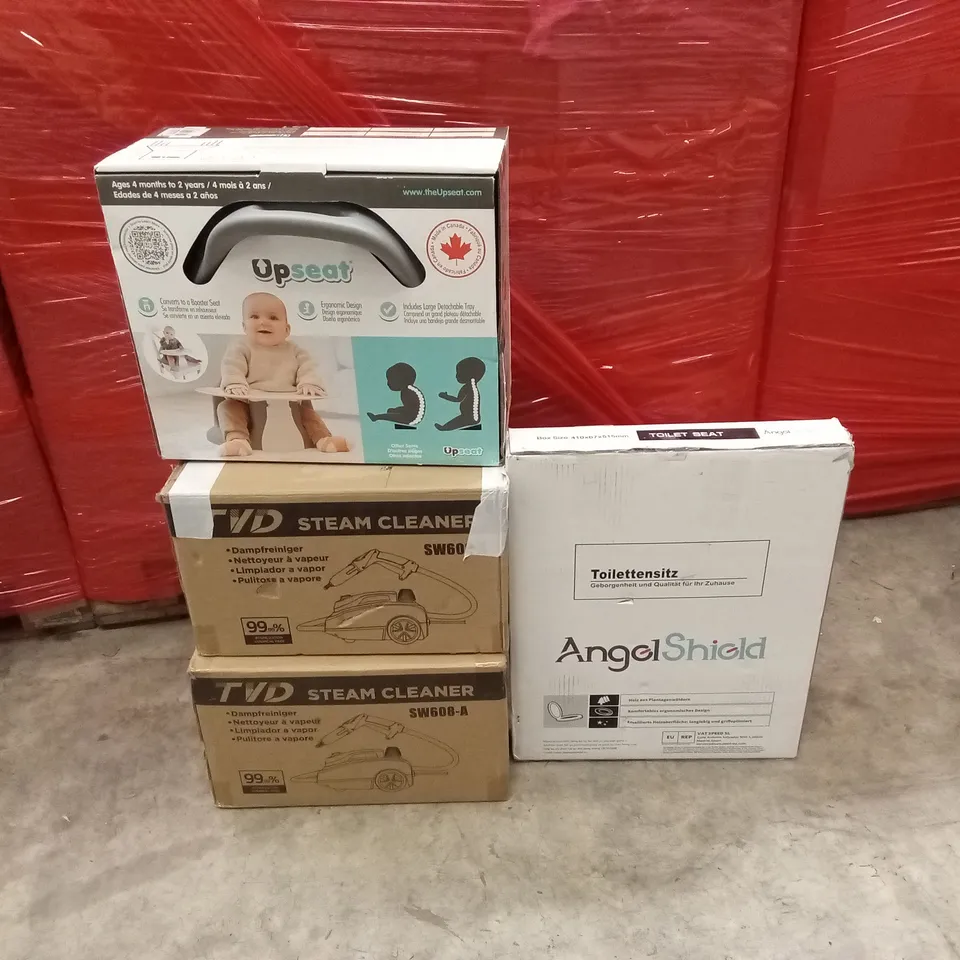 PALLET OF ASSORTED HOUSEHOLD GOODS AND PRODUCTS TO INCLUDE; BLIND, STEAM CLEANER, TOILET SEAT, BABY UPSEAT ETC