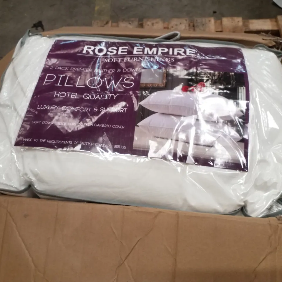 BOX CONTAINING 8 ROSE EMPIRE GOOSE FEATHER & DOWN PILLOWS