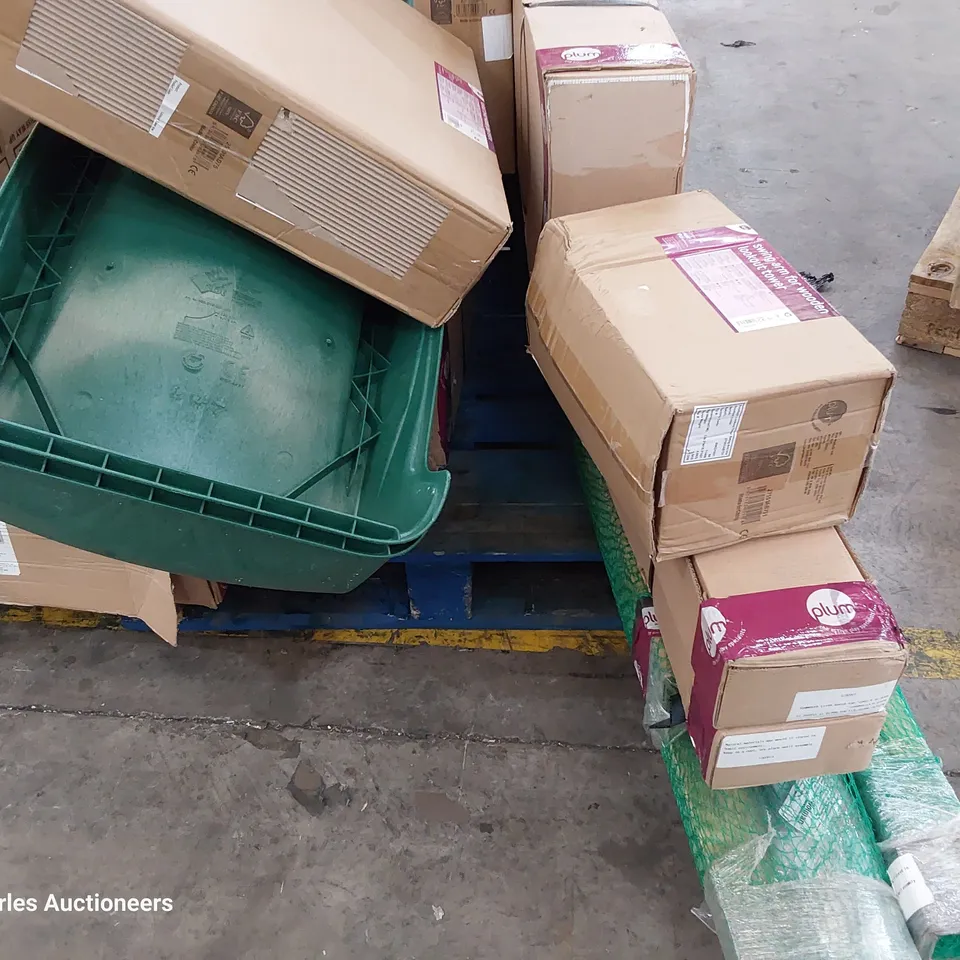 PALLET OF ASSORTED BOXED PLUM WOODEN PARTS INCLUDING CLIMBING TOWER, 2 × WAVY SLIDES.