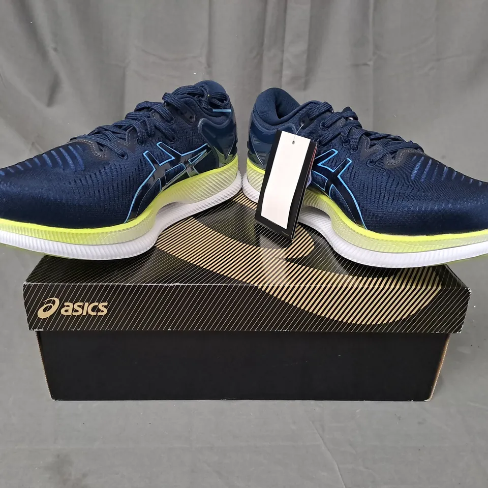 BOXED PAIR OF ASICS METARIDE RUNNING SHOES IN BLUE/LIME UK SIZE 10