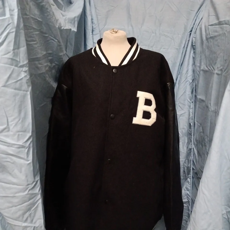 BADRHINO VARSITY JACKET – BLACK, UK 48-50 (US 2XL) WITH WHITE STRIPED TRIM
