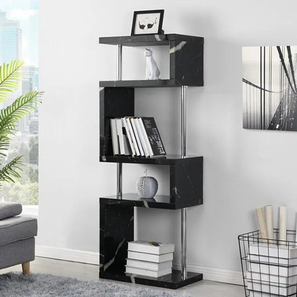 BRAND NEW BOXED MIAMI HIGH GLOSS SLIM SHELVING UNIT IN MILANO BLACK MARBLE EFFECT (1 BOX)