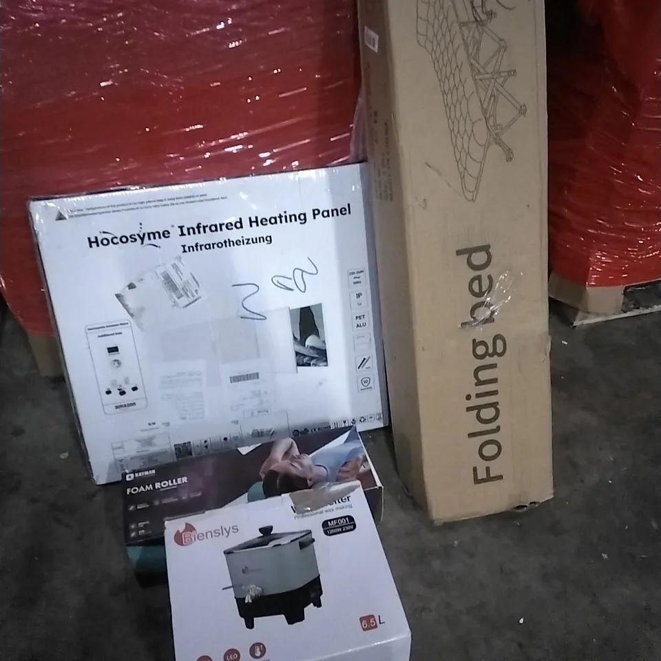 PALLET OF HOUSEHOLD ITEMS TO INCLUDE INFRARED HEATING PANEL, FOAM ROLLER,FOLDING BED,WAX MAKER AND OTHER ASSORTED ITEMS...