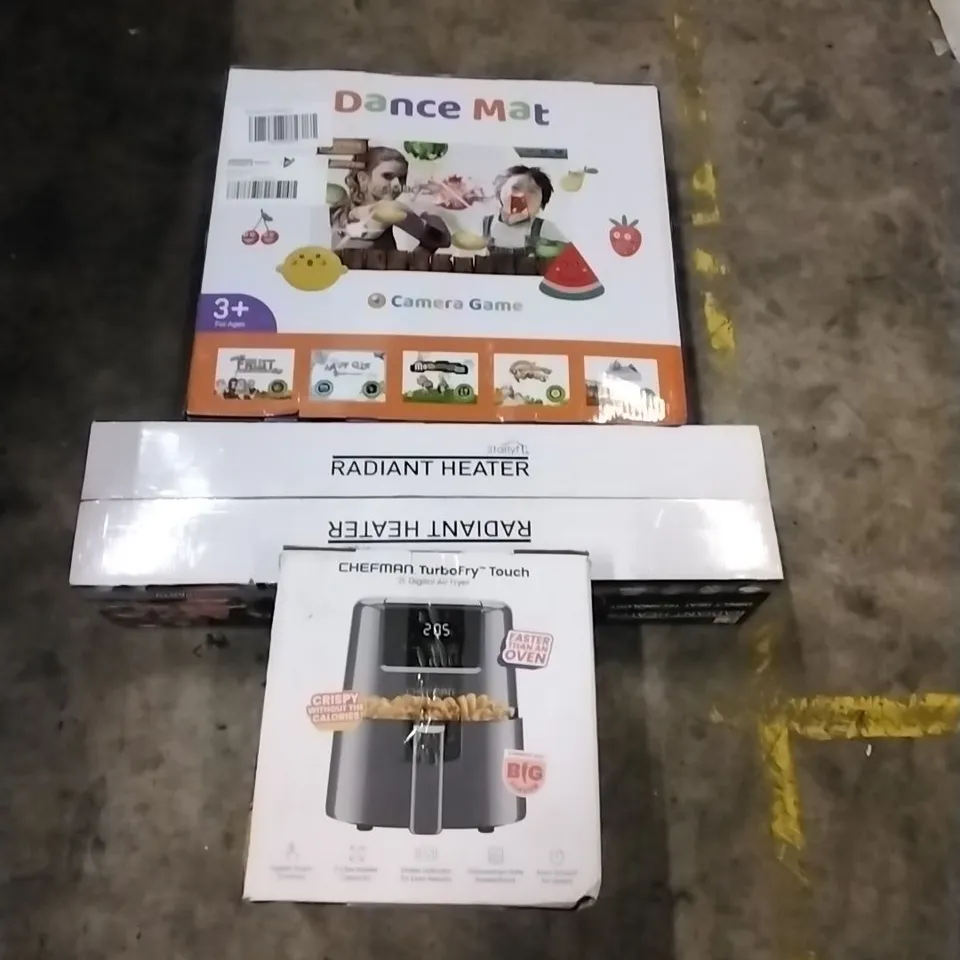 PALLET OF HOUSEHOLD ITEMS TO INCLUDE DANCE MAT,RADIANT HEATER,CHEFMAN TURBOFRY AND OTHER ASSORTED ITEMS...