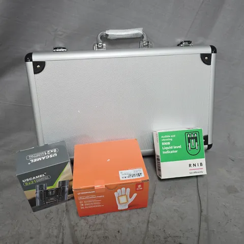 APPROXIMATELY 12 ASSORTED ITEMS TO INCLUDE DECATHLON HAND WARMERS, US CAMEL BINOCULARS, RNIB LIQUID LEVEL INDICATOR, ETC