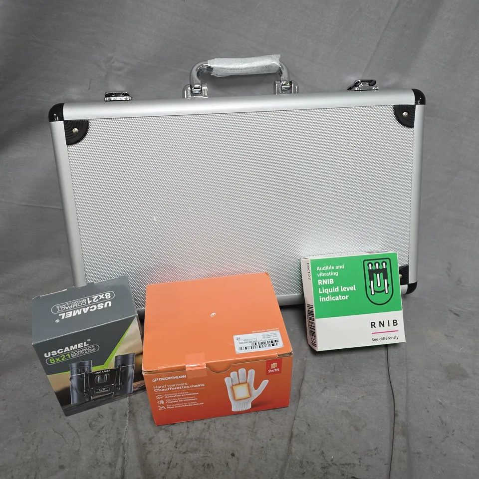 APPROXIMATELY 12 ASSORTED ITEMS TO INCLUDE DECATHLON HAND WARMERS, US CAMEL BINOCULARS, RNIB LIQUID LEVEL INDICATOR, ETC