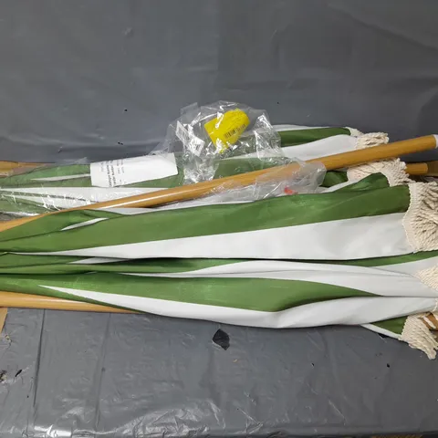 LOT OF 2 PARASOLS - GREEN/WHITE STRIPED - NO BASE