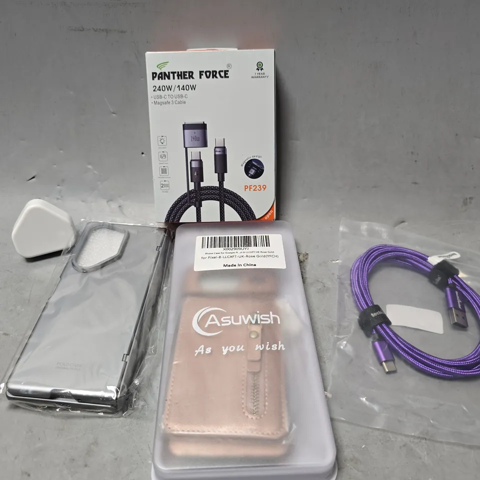 APPROXIMATELY 13 ASSORTED ITEMS TO INCLUDE - USB - USB-C , PANTHER FORCE CABLE , PHONE CASES ETC