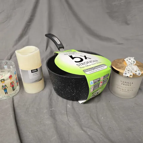 APPROXIMATELY 10 ASSORTED HOUSEHOLD PRODUCTS TO INCLUDE SCENTED CANDLE, SAUCE PAN, LED CANDLE ETC