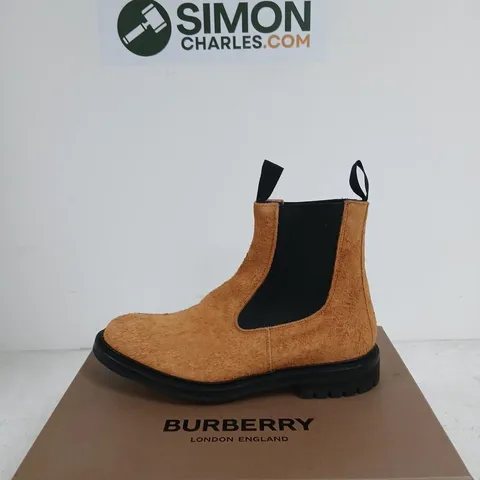 BURBERRY CHELSEA BOOTS - TAN SUEDE WITH BLACK ELASTIC PANELS, LUG SOLE