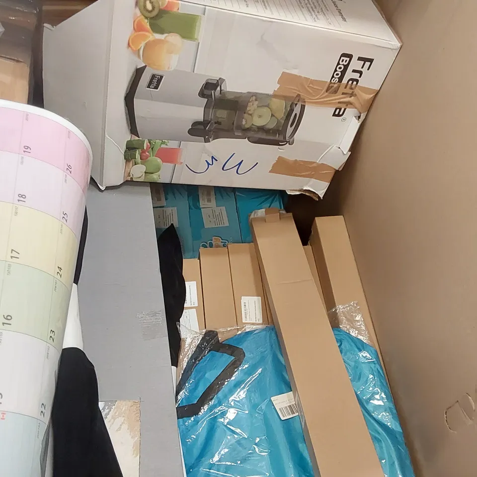 PALLET OF ASSORTED ITEMS INCLUDING: EUREKA VACUUM CLEANER, CEILING FAN LIGHT, DOUBLE STACK AIR FRYER, OFFICE CHAIR, JUICER, INFLATABLE POOLS ECT