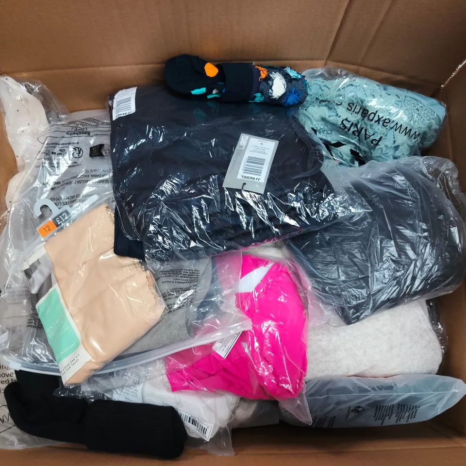 LARGE BOX OF APPROXIMATELY 25 ASSORTED CLOTHING ITEMS IN VARIOUS COLOURS, STYLES AND SIZES - COLLECTION ONLY