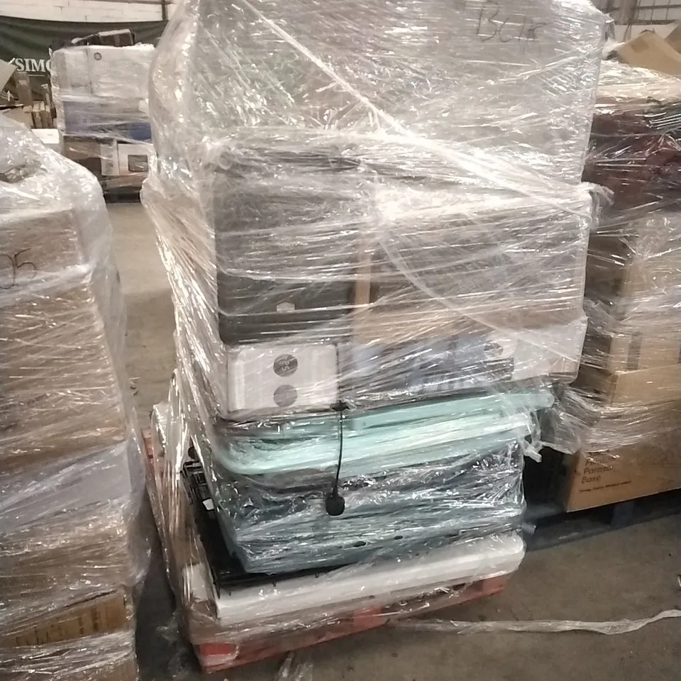 PALLET OF ASSORTED HOUSEHOLD GOODS AND PRODUCTS TO INCLUDE; SOFT PLAYPEN, TOWER FAN, FOLDING CHAIRS, SUITCASES, WHEELBARROW, HOOVERS ETC
