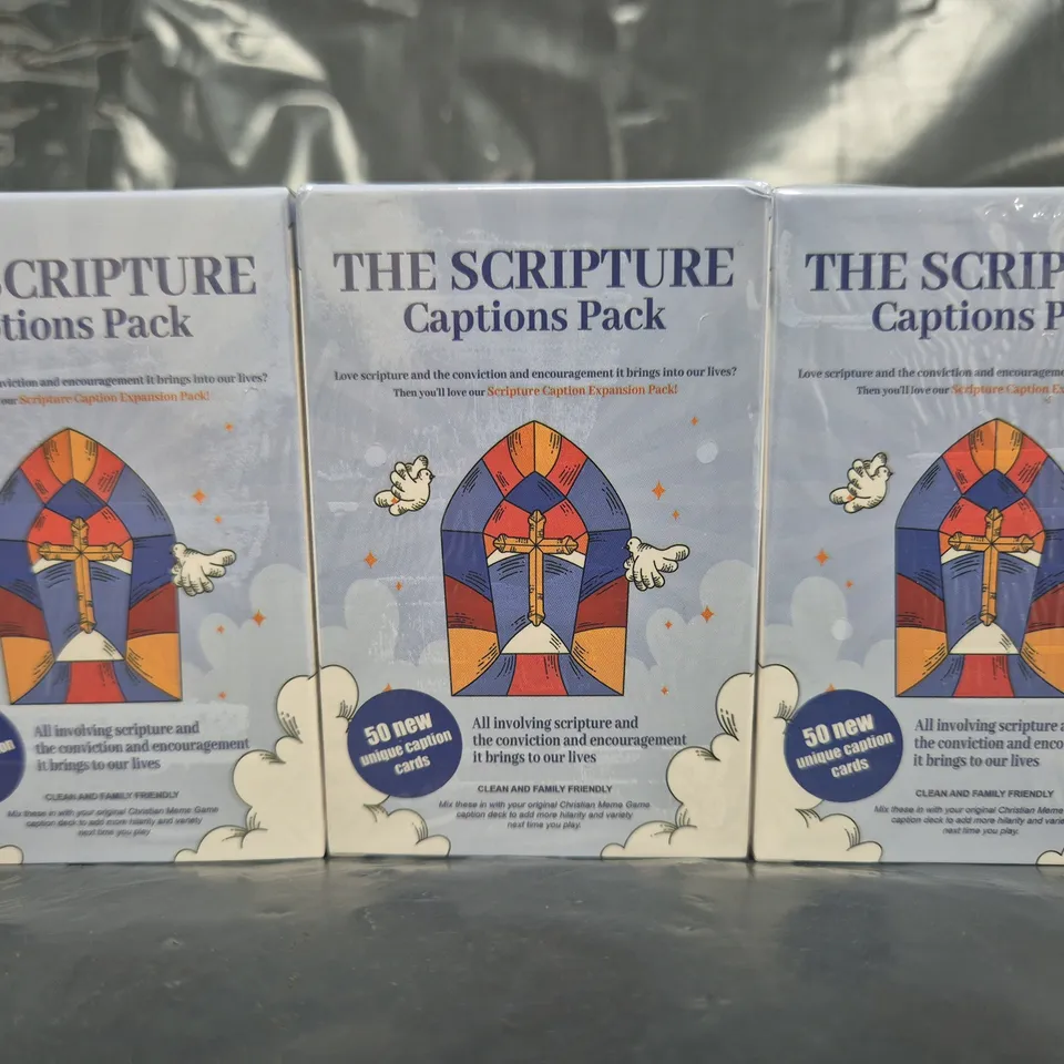 BOX OF APPROXIMATELY 100 SEALED SCRIPTURE CAPTION PACKS FOR THE CHRISTIAN MEME GAME