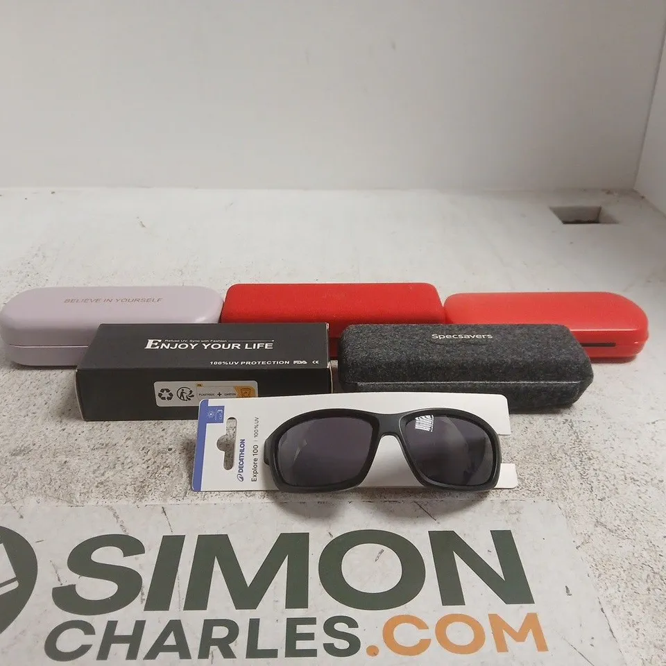 TOTE OF APPROXIMATELY 25 ASSORTED EYEWEAR ITEMS TO INCLUDE DECATHLON, SPECSAVERS ETC