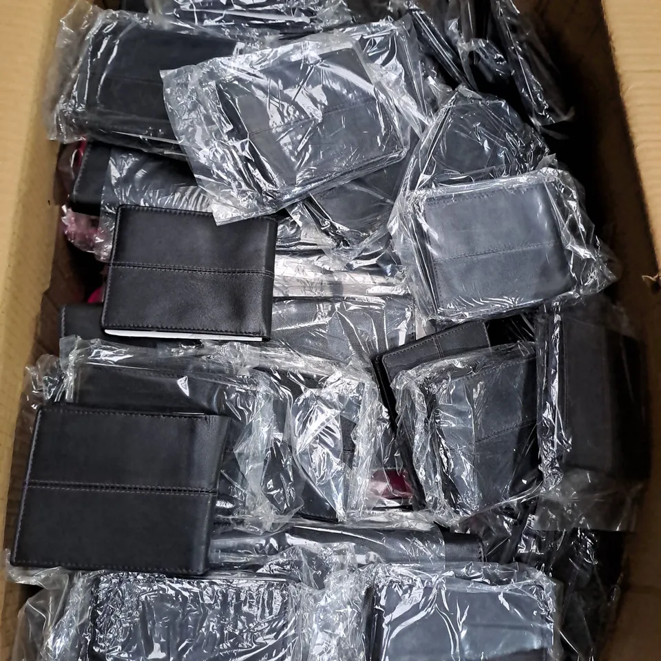 BOX OF APPROXIMATELY 30 PACKS OF FAUX LEATHER WALLETS AND PINK LEG WARMERS 