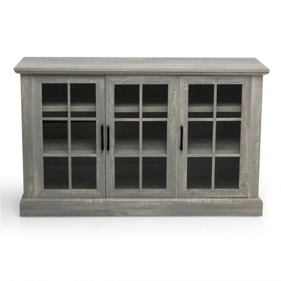 BOXED COSTWAY WOODEN KITCHEN SIDEBOARD WITH 3 GLASS DOORS AND ADJUSTABLE SHELVES