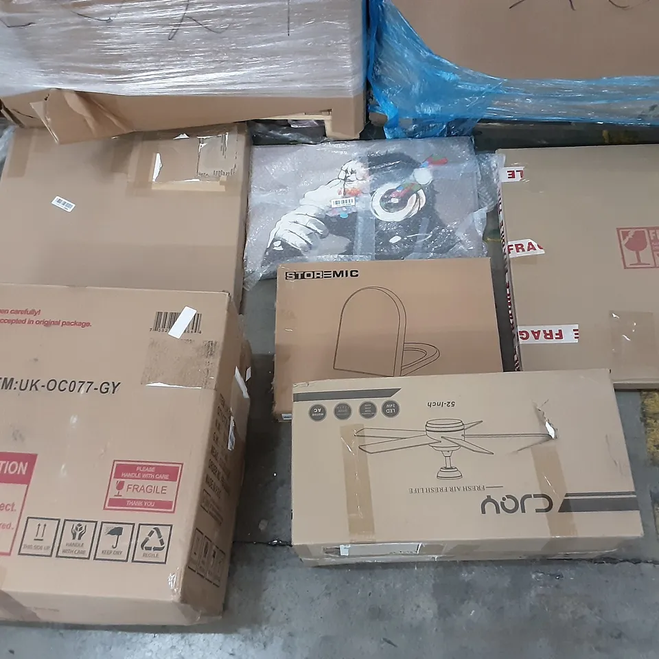 PALLET OF ASSORTED PRODUCTS INCLUDING STOREMIC TOILET SEAT, CJOY FRESH AIR CEILING FAN, RECCI BEDDING, HOMIDEC, VACMASTER 
