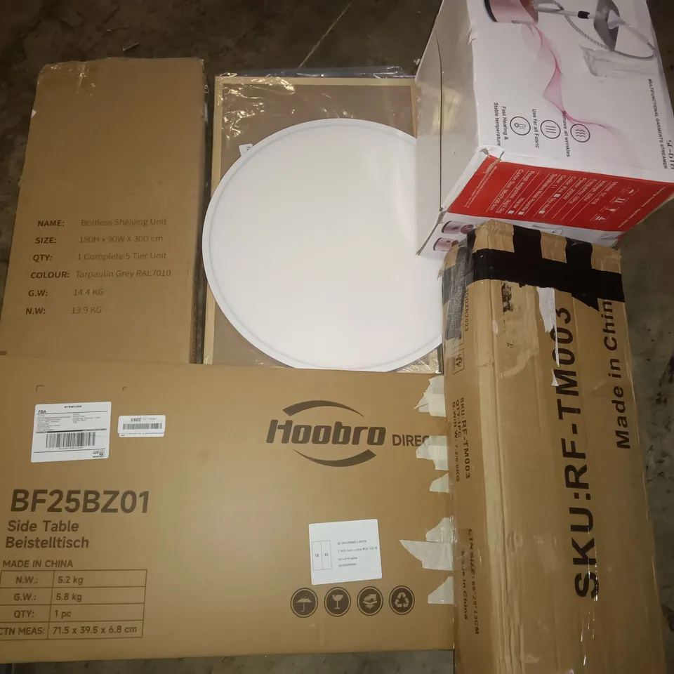 PALLET OF ASSORTED ITEMS TO INCLUDE BOXED SIDE TABLE, BOLTLESS SHELVING UNIT AND GARMENT STEAMER
