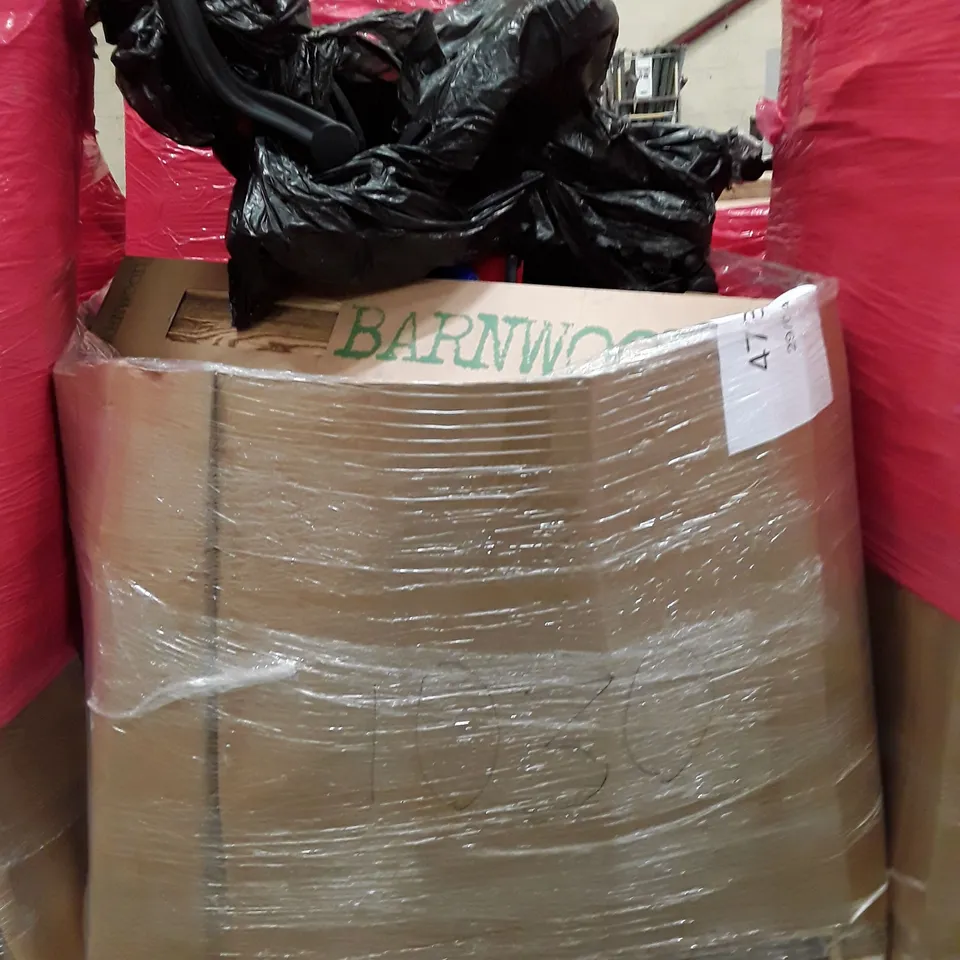 PALLET OF ASSORTED PRODUCTS INCLUDING OFFICE CHAIR, BARNWOOD PLANK, BABY PLAY ARCH, FABRIC WARDROBE  