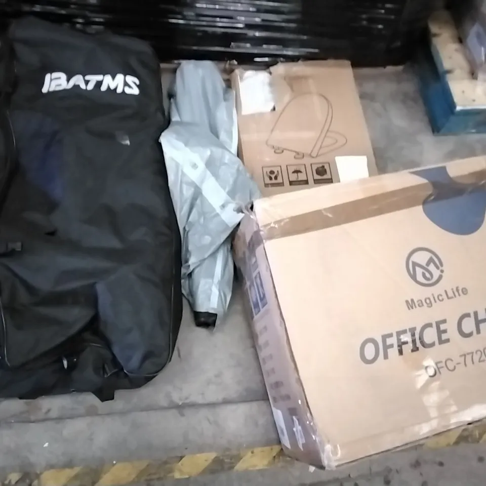 PALLET OF ASSORTED ITEMS INCLUDING MAGICLIFE OFFICE CHAIR, MASS DYNAMIC TOILET SEAT, G-BLOCS PARASOL BASE SET, PORTABLE CLOSET, NEWME FITNESS POSTER, IBATMS INFLATABLE BOARD