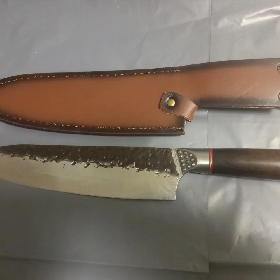 WOODEN HANDELED CHEFS KNIFE WITH SHEATH