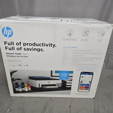BOXED HP SMART TANK 7306; WIRELESS ALL IN ONE CARTRIDGE FREE PRINTER