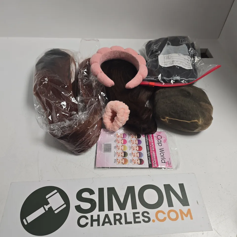 APPROXIMATELY 10 ASSORTED HAIR ACCESSORIES TO INCLUDE EXTENSIONS, SCRUNCHES, HEADBANDS, ETC