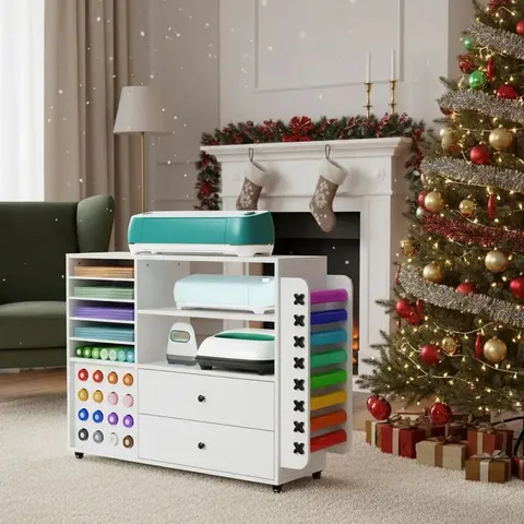 BOXED GARVEE CRAFT TABLE WITH STORAGE LARGE CRICUT CART 2 DRAWERS 24 VINYL ROLL HOLDER WHITE
