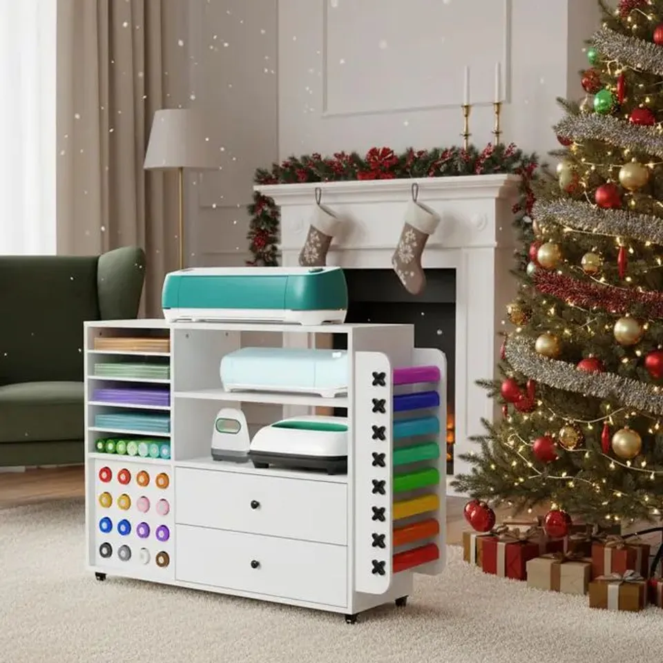 BOXED GARVEE CRAFT TABLE WITH STORAGE LARGE CRICUT CART 2 DRAWERS 24 VINYL ROLL HOLDER WHITE