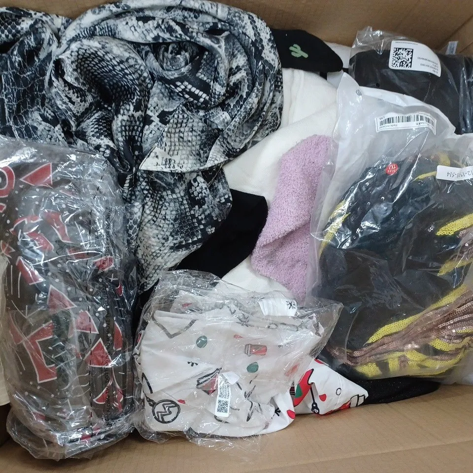 BOX TO INCLUDE 50 ASSORTED CLOTHING ITEMS TOO INCLUDE TOPS , TROUSERS AND DRESSES , ETC 