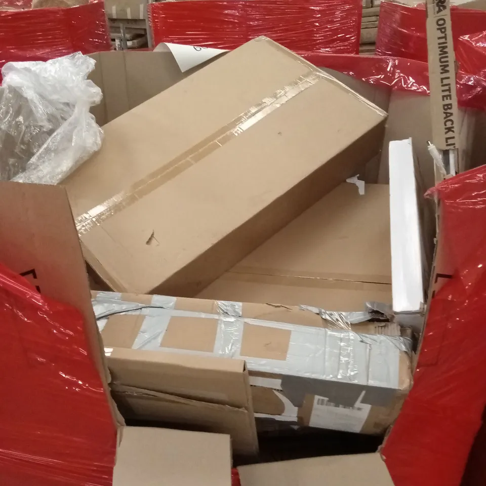 PALLET OF ASSORTED HOUSEHOLD GOODS AND PRODUCTS TO INCLUDE; LIGHTING PRODUCTS, BOXED FURNITURE ETC