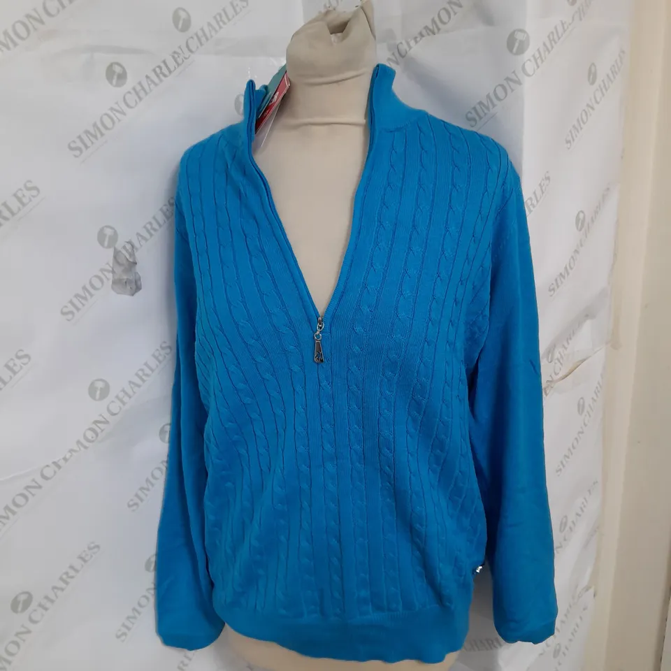 GREEN LAMB 1/4 ZIP CABLE KNIT JUMPER IN BLUE SIZE 14