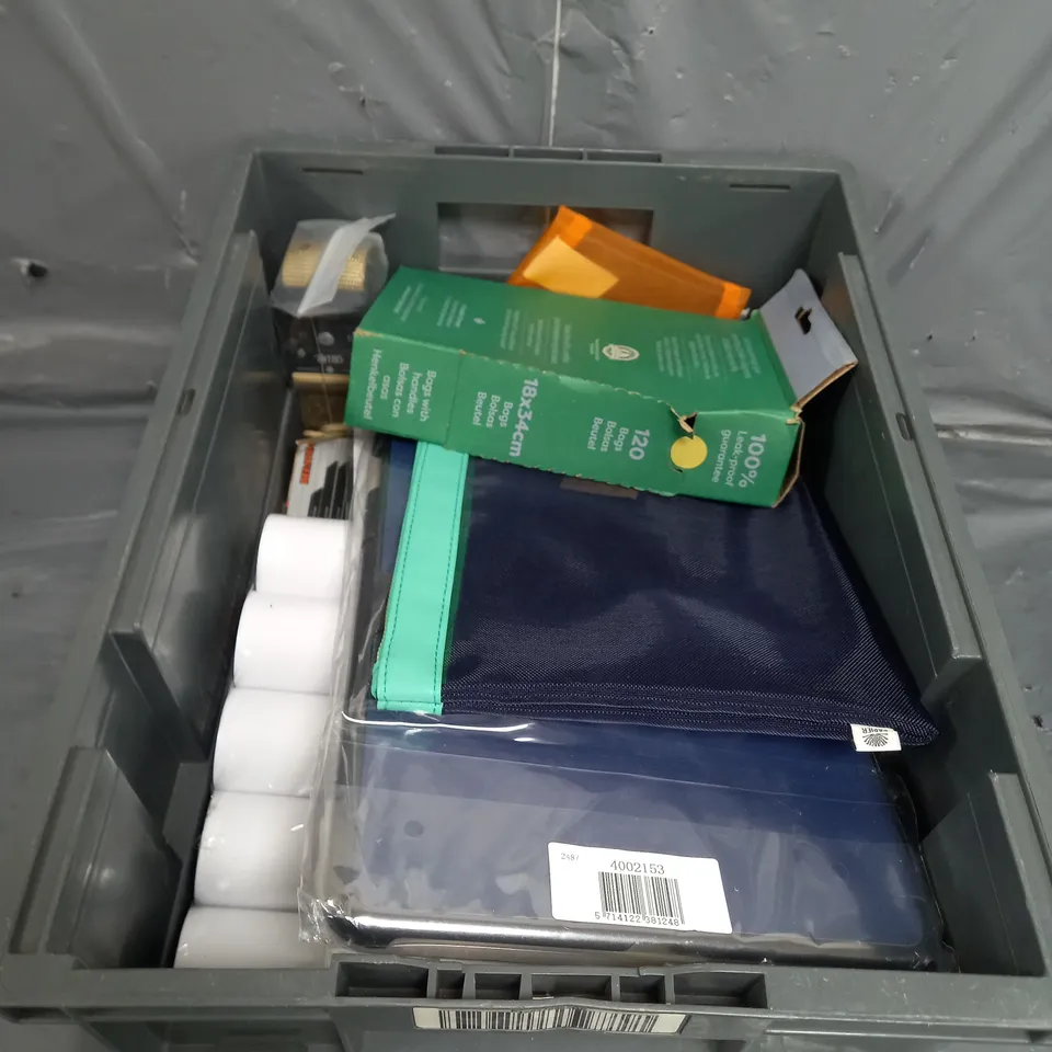 APPROXIMATELY 10 ASSORTED HOUSEHOLD ITEMS TOO INCLUDE DOG BAGS , TABLET CASES , TOOL KIT 