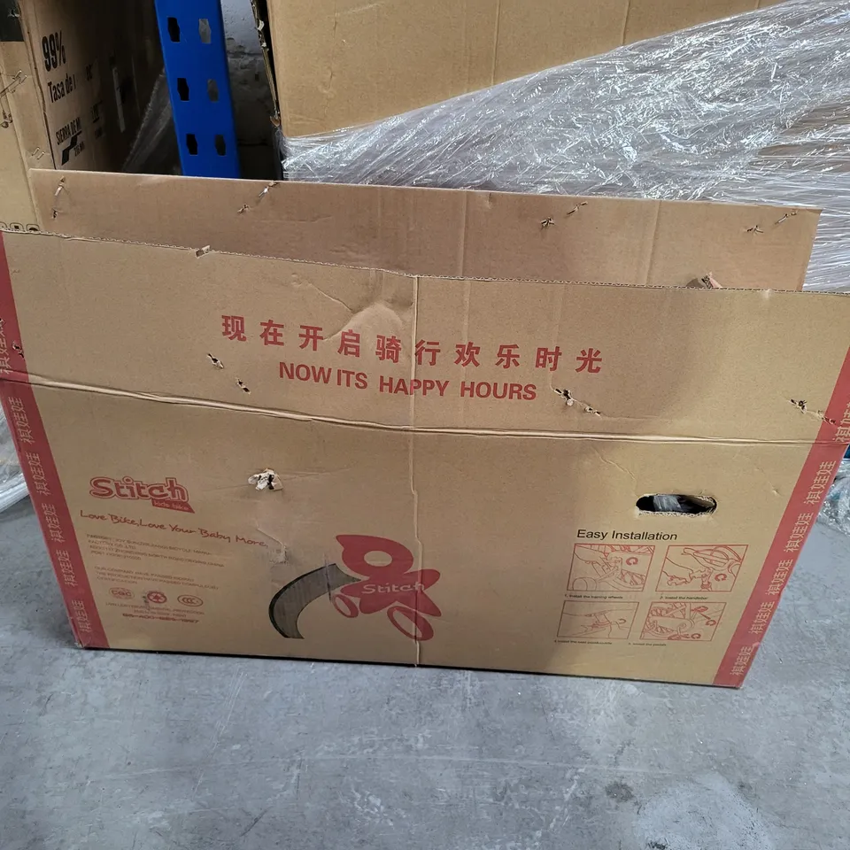 PALLET OF APPROXIMATELY 10 ASSORTED TOOLS, HOME AND KITCHEN APPLIANCES TO INCLUDE BLACK FABRIC FRAME BUILD ABLE WARDROBE, SAWKSIM TABLE SAW, MODEL 81 ELECTRIC FRYER, STITCH PINK CHILDS BIKE, ETC