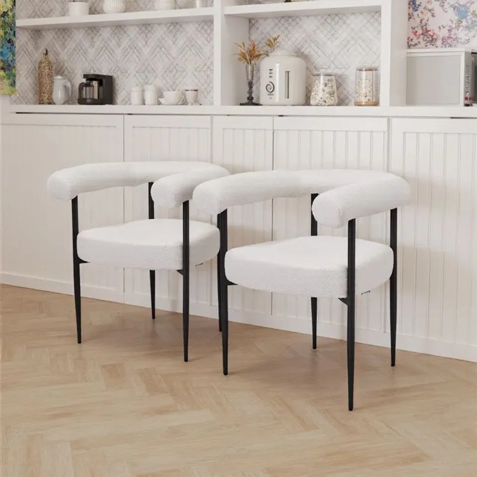 BOXED SET OF 2 MODERN DINING CHAIRS WITH BLACK METAL LEGS - WHITE FABRIC (1 BOX)