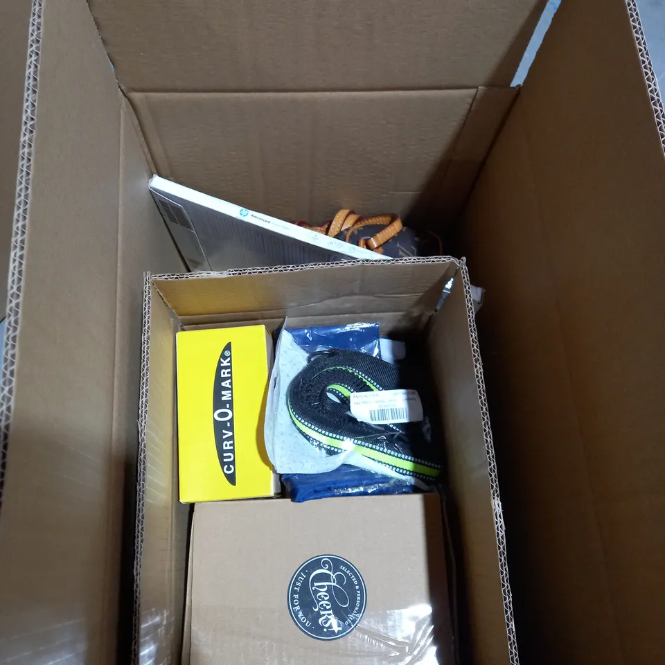BOX OF ITEMS APPROXIMATELY 10 TO INCLUDE SMALL HANDBAG, DOG LEAD, PRINTER PAPER ETC