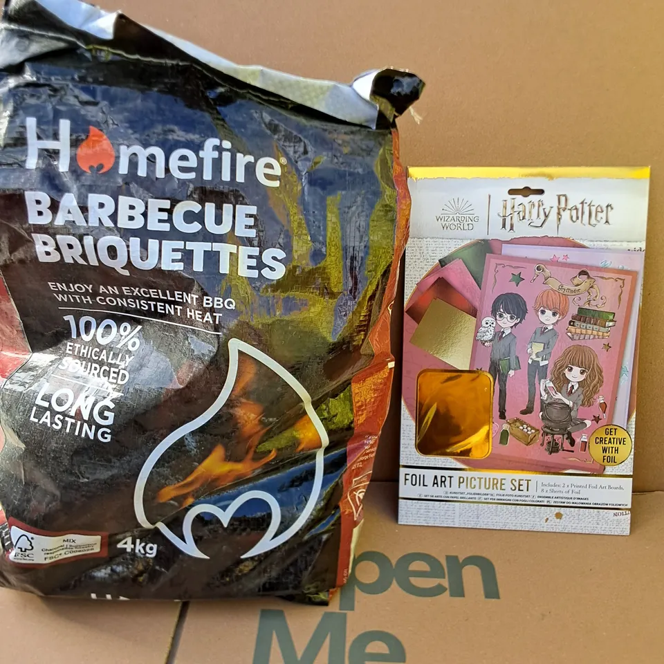 BOX OF APPROXIMATELY 5 ASSORTED ITEMS TO INCLUDE - HARRY POTTER FOIL ART PICTURE SET , HOMEFIRE BARBECUE BRIQUETTES 