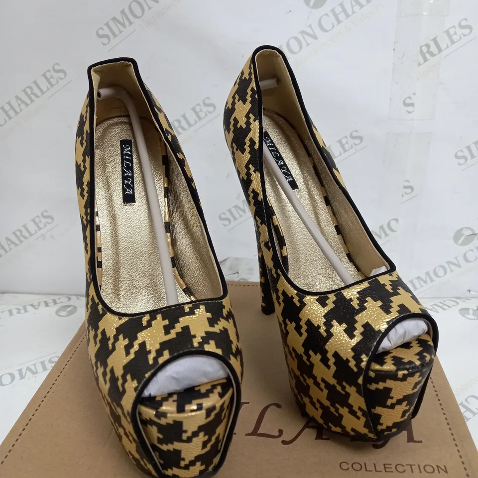 BOX OF 5 PAIRS OF MILAYA BLACK & GOLD HIGH HEELS 