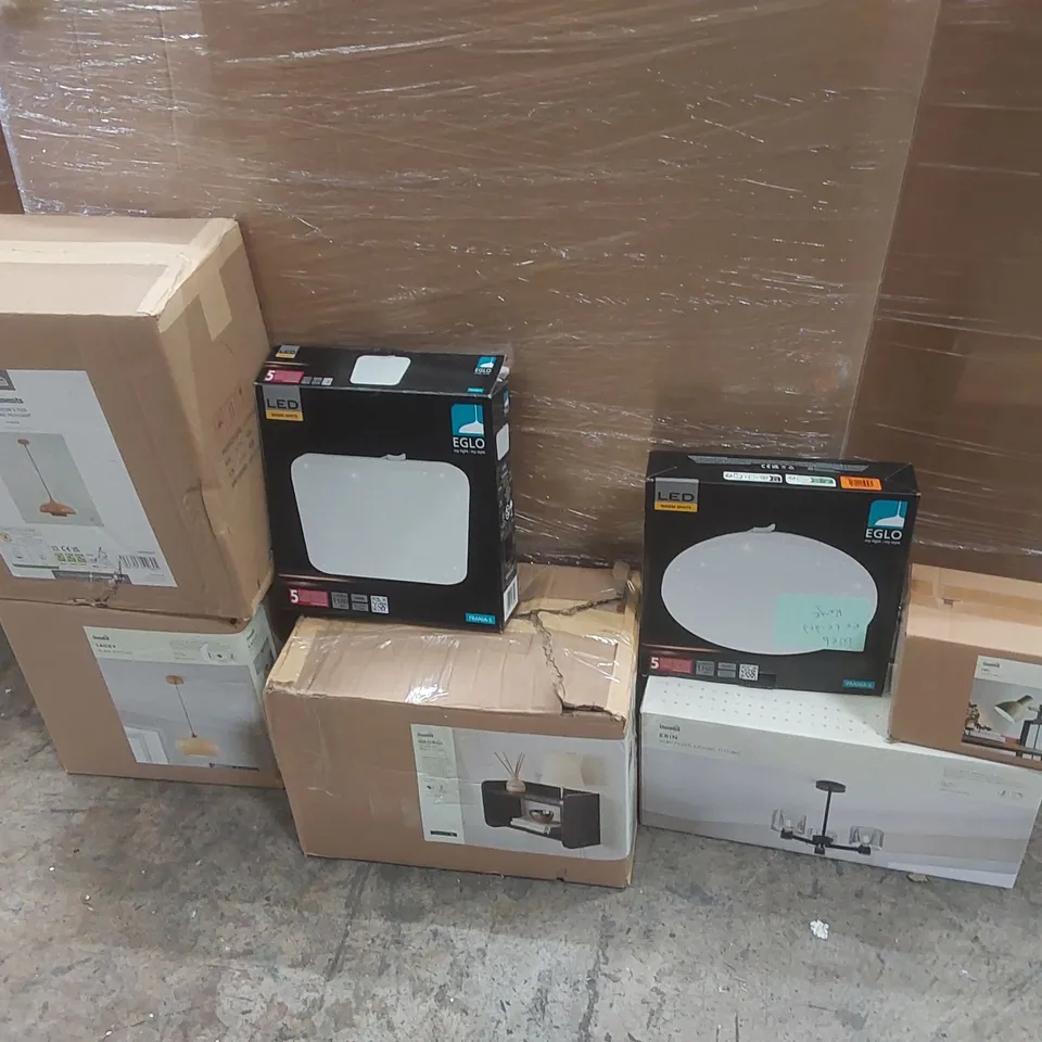 PALLET TO CONTAIN A VERY LARGE QUANTITY OF DESIGNER INDOOR LIGHTING PRODUCTS TO INCLUDE: CEILING LIGHTS, DESK LAMP, WALL LIGHT ECT