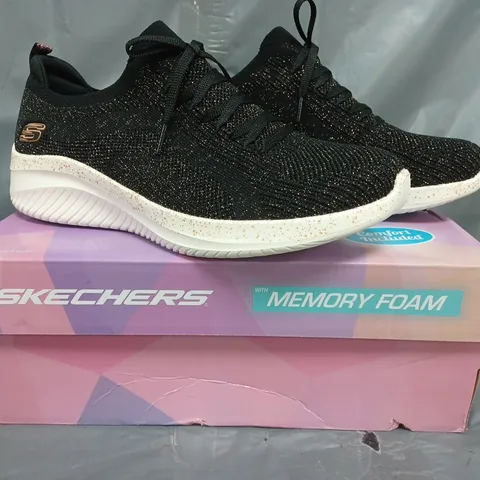 BOXED PAIR OF SKECHERS ULTRA FLEX 3.0 LET'S DANCE SLIP ON TRAINER IN BLACK SIZE 8