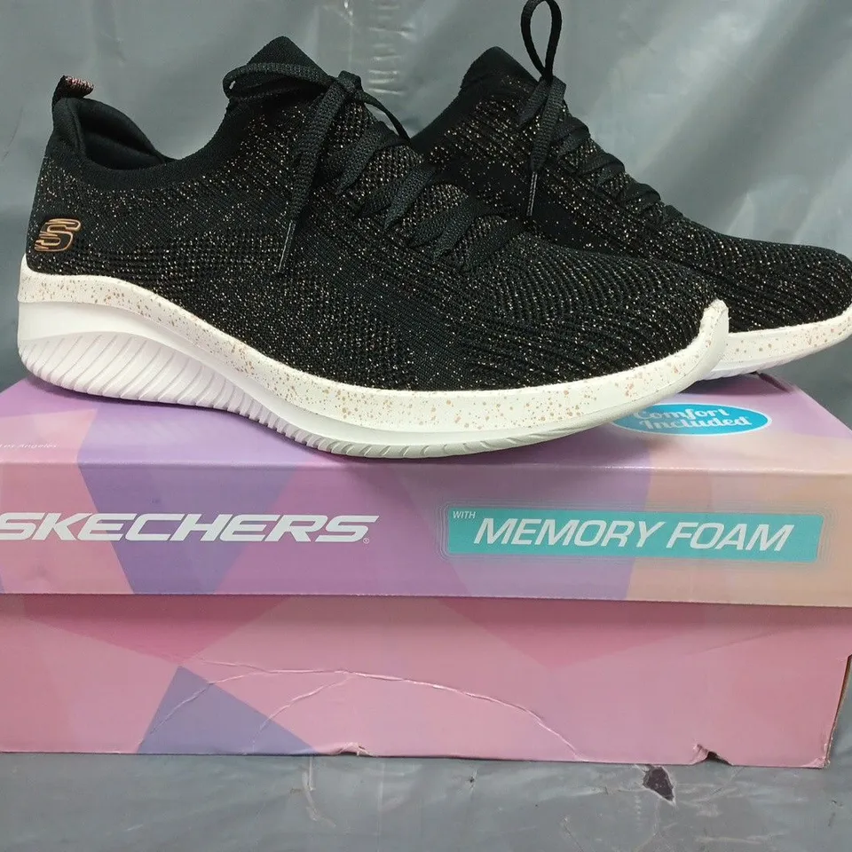 BOXED PAIR OF SKECHERS ULTRA FLEX 3.0 LET'S DANCE SLIP ON TRAINER IN BLACK SIZE 8