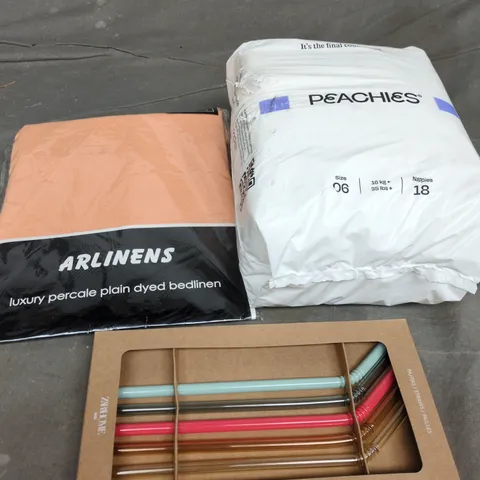 APPROXIMATELY 20 ASSORTED HOUSEHOLD PRODUCTS TO INCLUDE NAPPIES, STRAWS, BED LINEN ETC