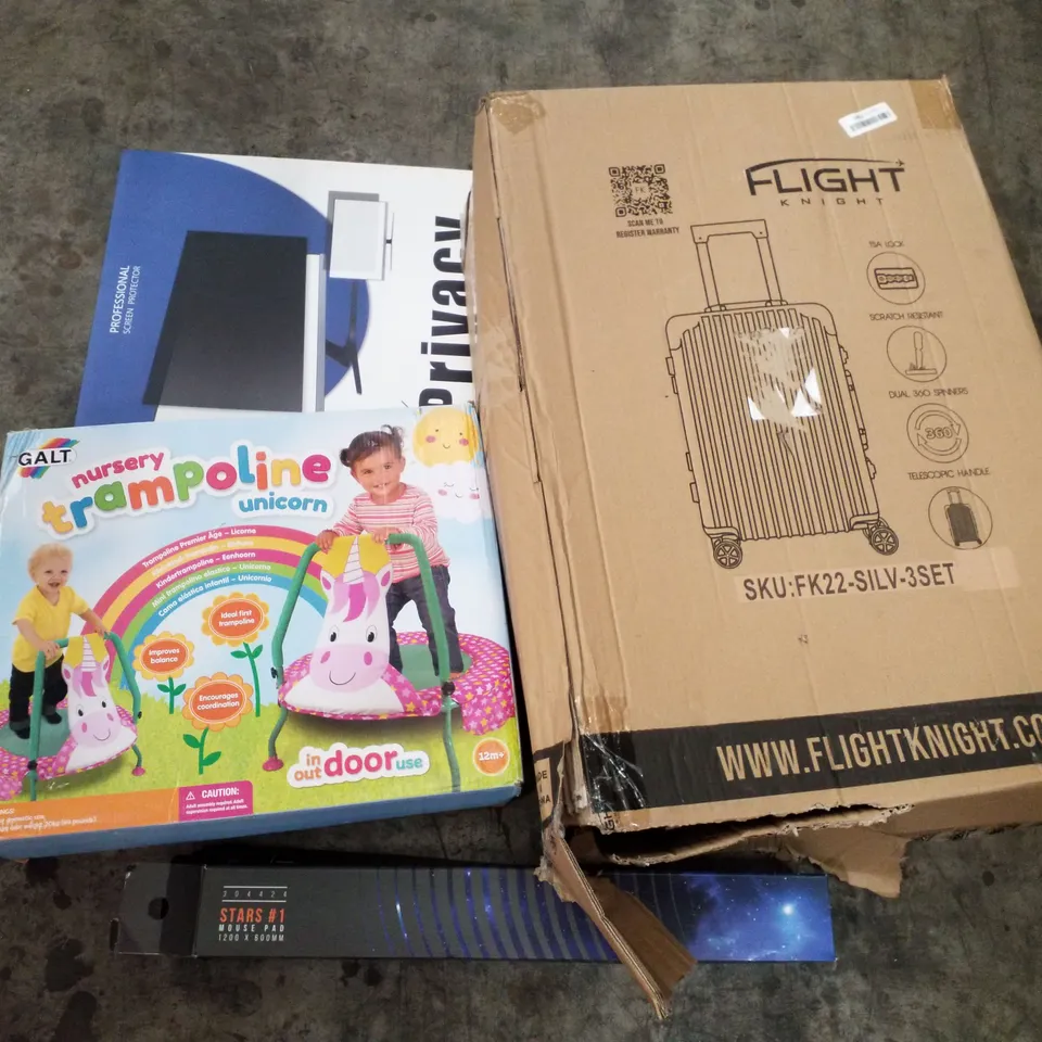 PALLET OF ASSORTED PRODUCTS INCLUDING MOUSE PAD, NURSERY TRAMPOLINE, PRIVACY SCREEN, SUITCASE