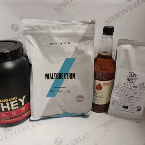 BOX OF APPROX 8 ITEMS TO INCLUDE ON GOLD STANDARD WHEY PROTEIN, SIMPLY CARAMEL SYRUP, MINDFUL COFFEE BEANS